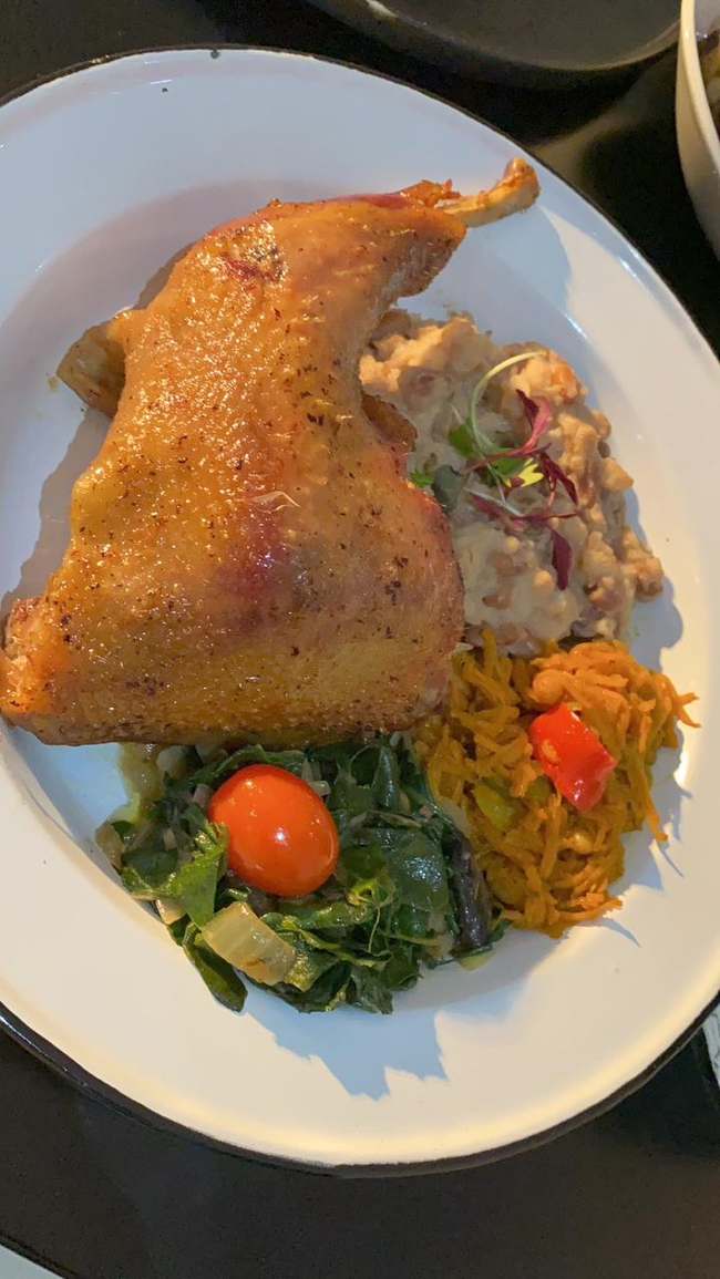 Roast chicken quarter with samp, beans and greens